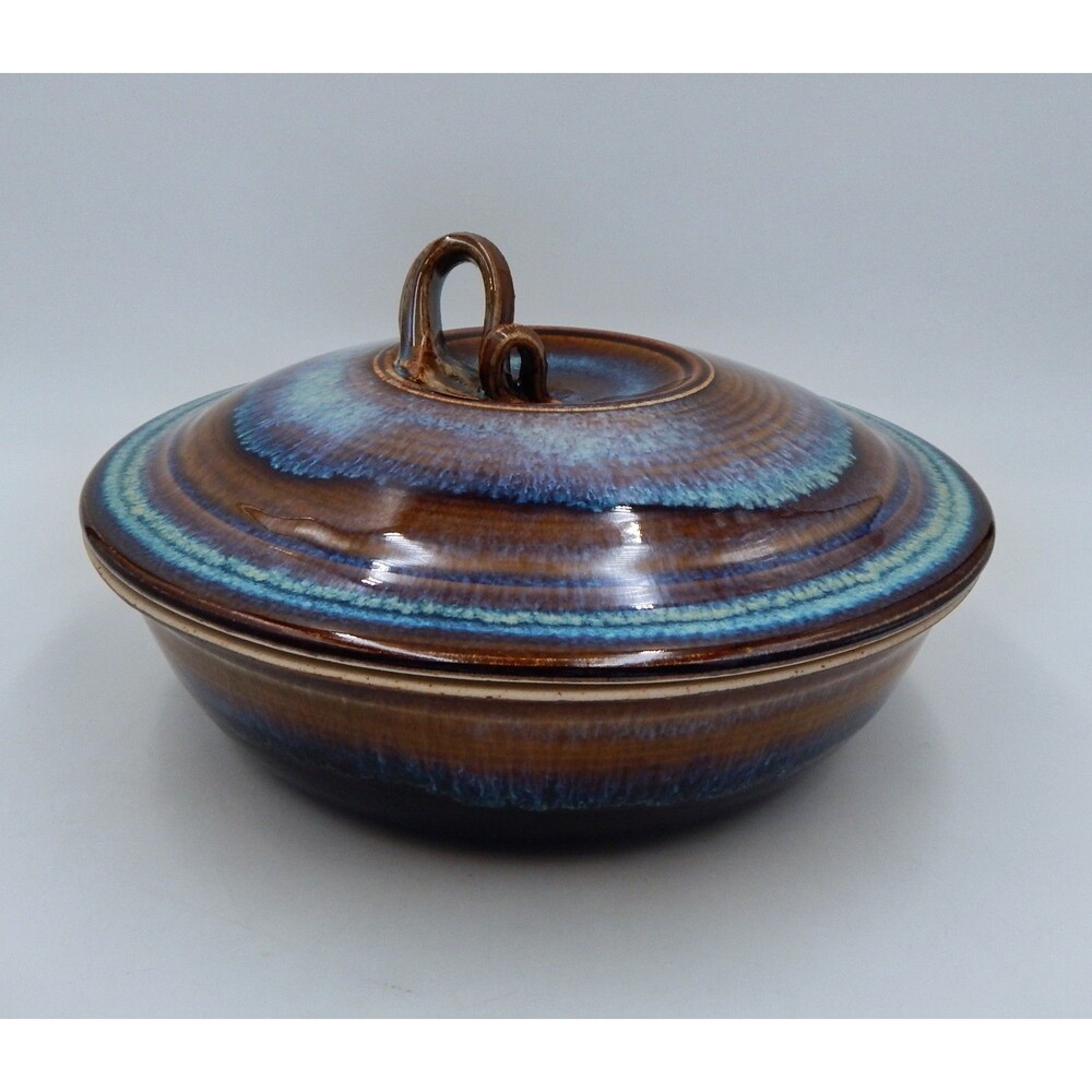 Bill Campbell Art Pottery Drip Blue Brown Glaze Covered Casserole Dish 10 Inch